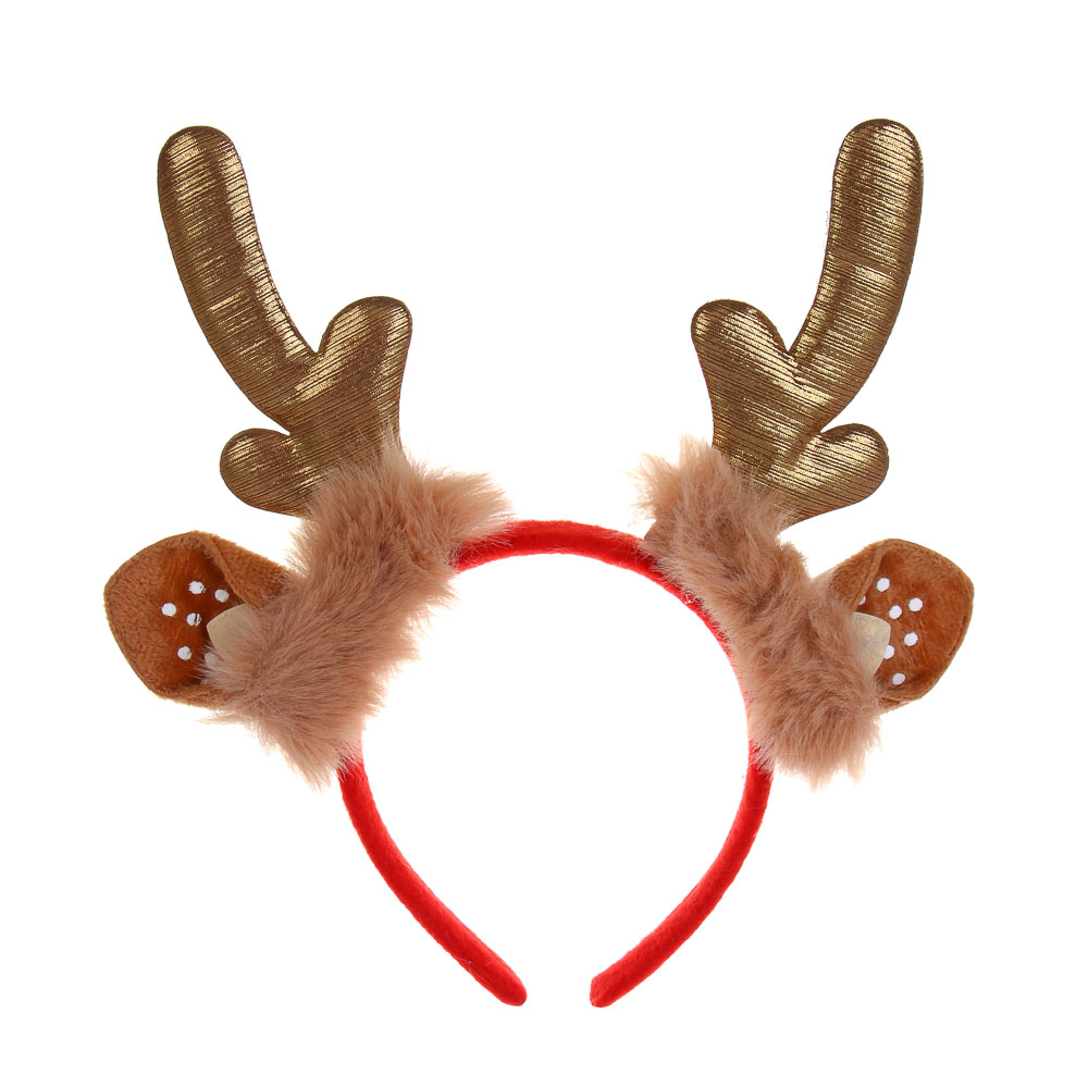 СНОУ БУМ Ободок новогодний с оленьими рожками, диаметр 11см, полиэстер, пластик - #1