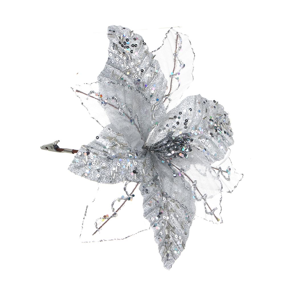 СНОУ БУМ Пуансетия 20 см на прищепке (9 лепестков), глиттер, металл, полиэстер, 26-524 - #1