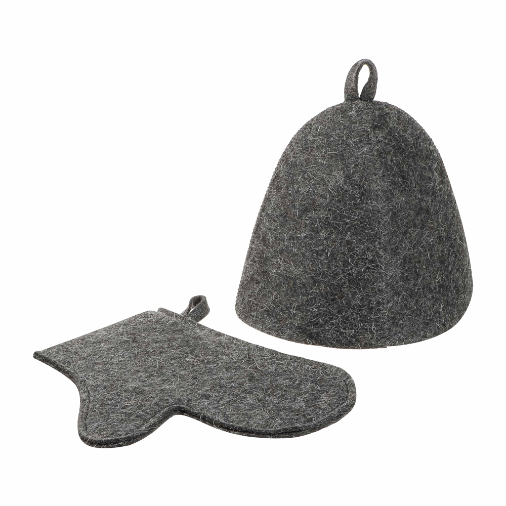 Набор банный ЭКОНОМ 2 предмета без вышивки (рукавица, шапка) в пакете, войлок белый/серый - #8