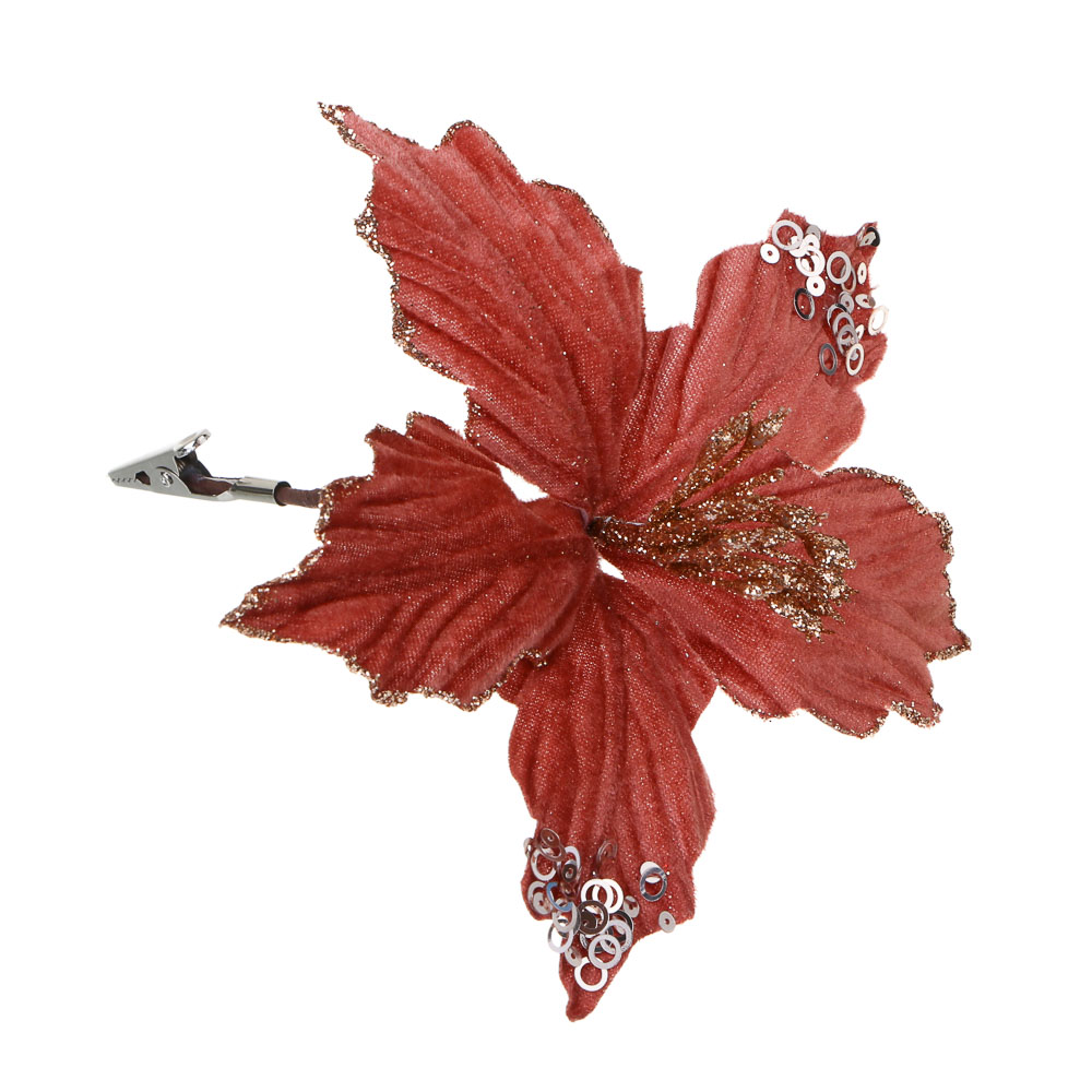 СНОУ БУМ Пуансетия 15 см на прищепке (5 лепестков), глиттер, металл, полиэстер, 26-699 - #1