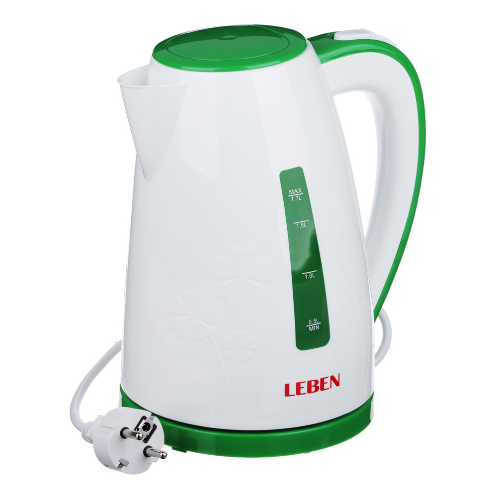 Чайник электрический 1,7 л LEBEN, 2200 Вт, пластик, белый/зеленый - #1