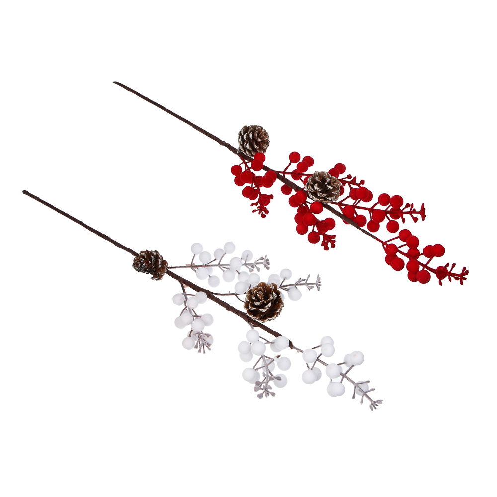 СНОУ БУМ Ветка с ягодами и шишками флокированная 61 см, металл, пластик, 2 цвета - #1