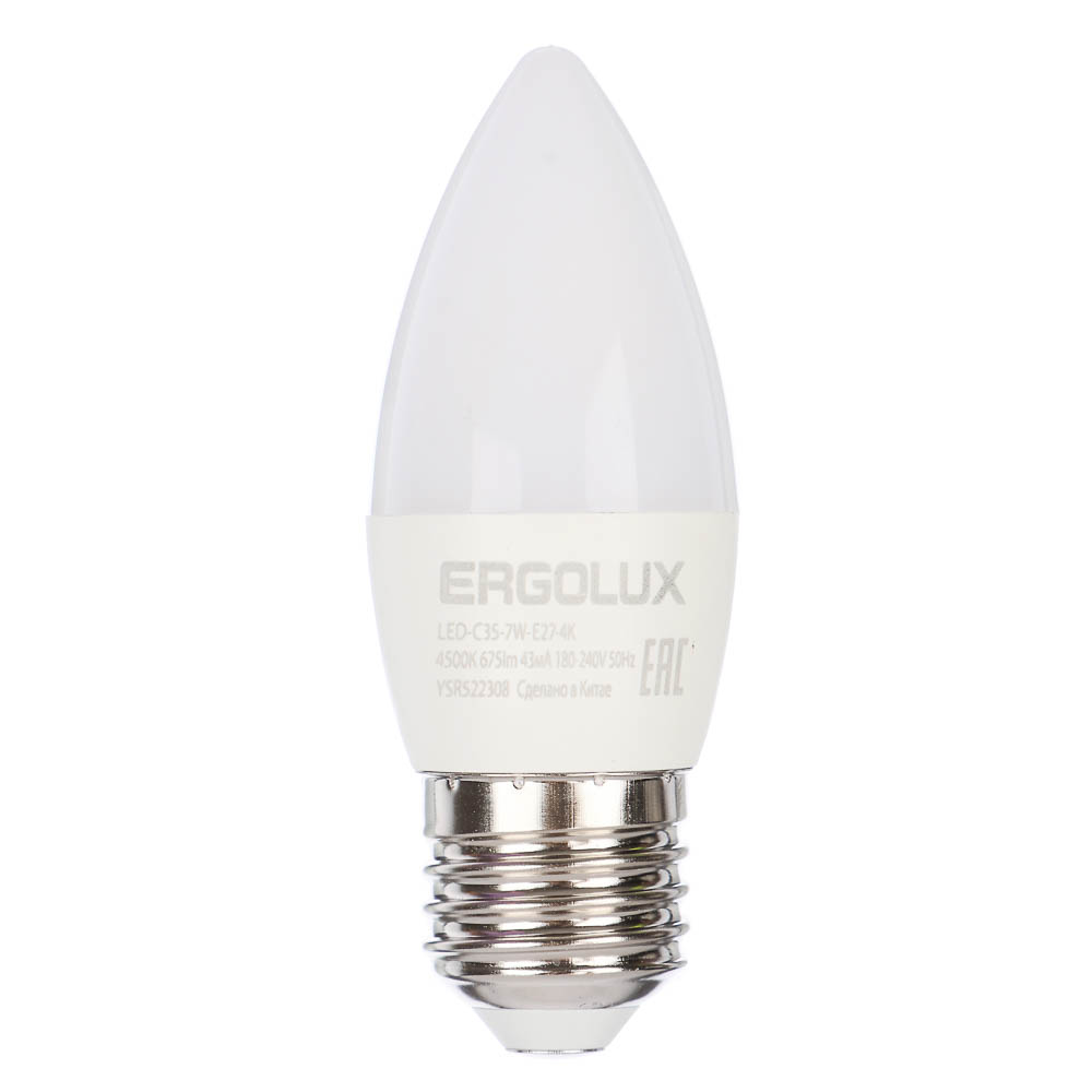 Ergolux LED-C35-7W-E27-4K (Эл.лампа светодиодная Свеча 7Вт E27 4500K 172-265В), 13298 - #1