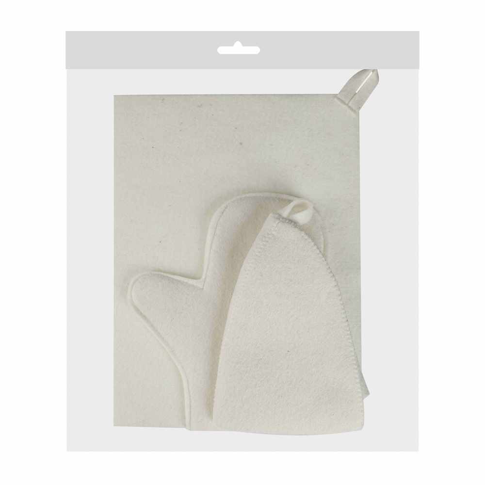 Набор банный ЭКОНОМ 3 предмета (шапка, коврик, рукавица) в пакете, войлок белый/серый - #11