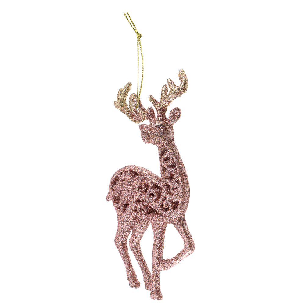 СНОУ БУМ Подвеска декоративная "Олень" 14 см, пластик, глиттер, розовое золото, 2 дизайна - #3