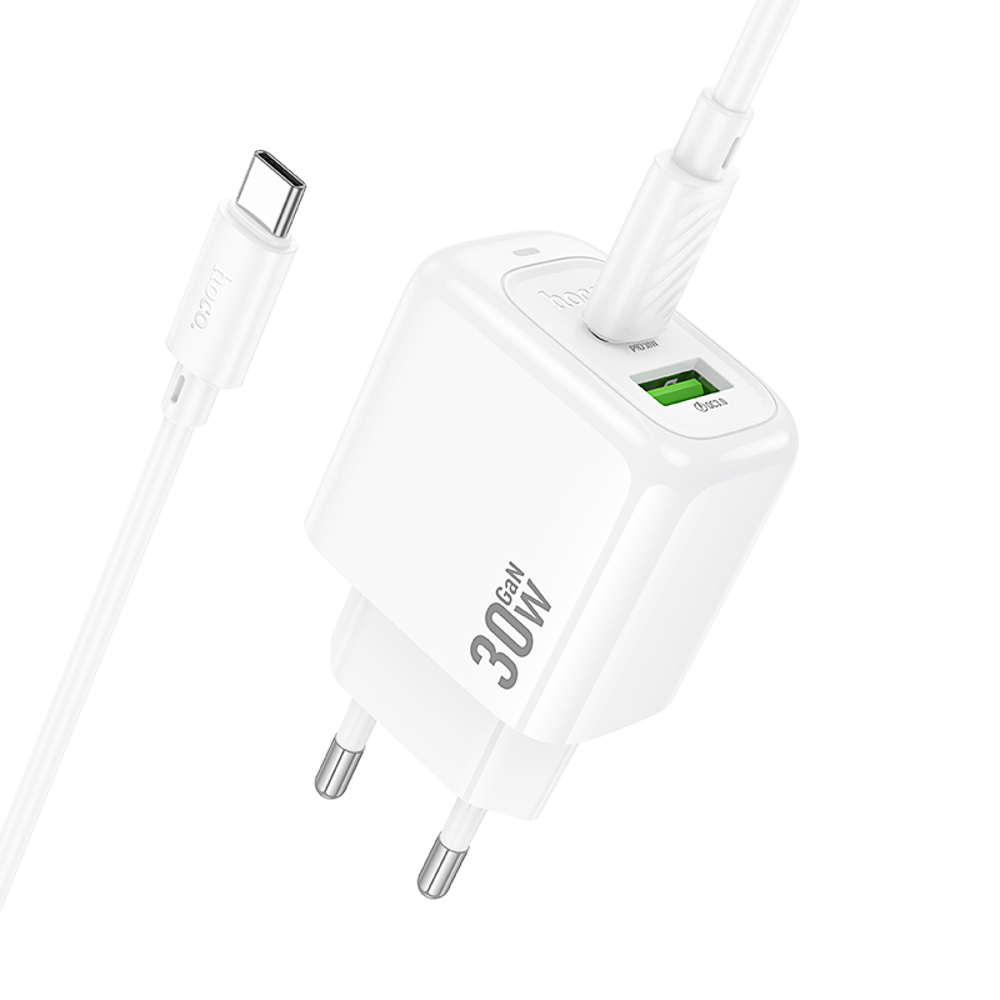 hoco. Зарядное устройство модель CS55A, USB+C 30W+ Кабель для зарядки С-С, цвет: белый - #6