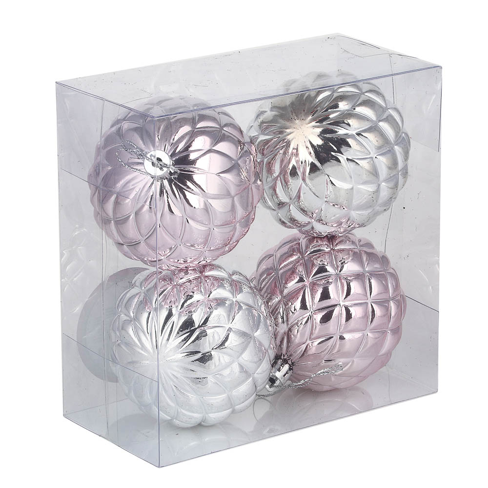 СНОУ БУМ Набор формовых шаров 4шт 8см, розовый, серебро, пластик - #4