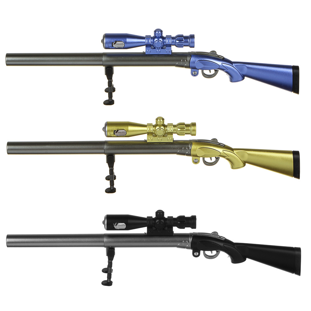 Ручка гелевая синяя, в форме винтовки, фонарик в прицеле, выдвижная подставка, пластик, 3 цв.корпуса - #1