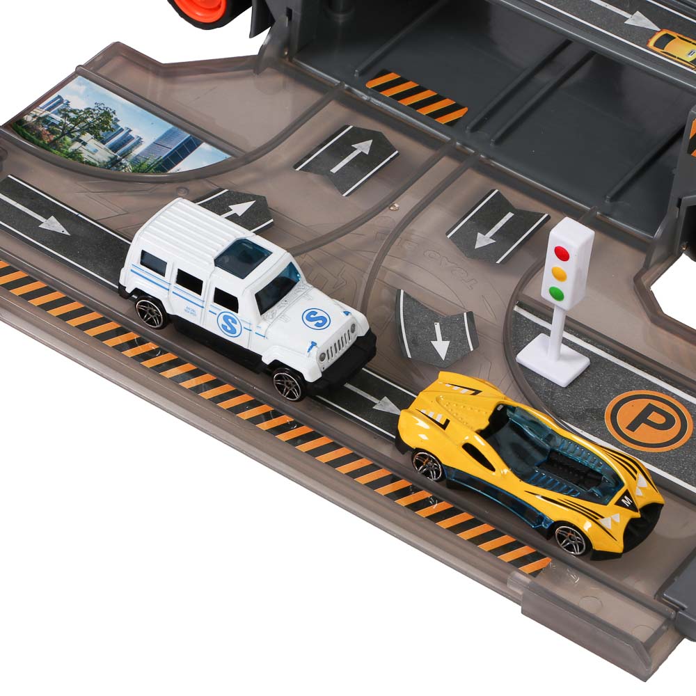 ИГРОЛЕНД Городской автовоз с треком, 5 машин, дорожные знаки, ABS, металл, 46,5х13х21 см - #8