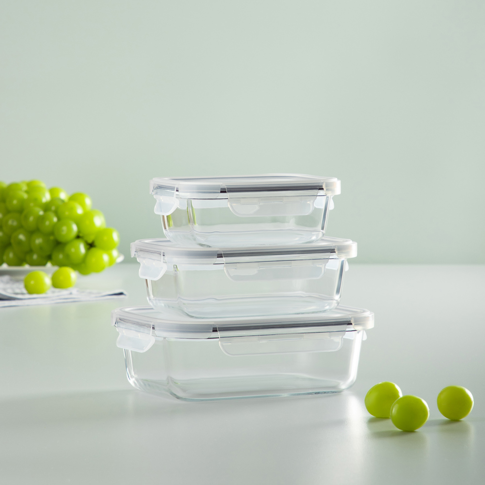 VETTA Набор контейнеров для продуктов на защелках 3пр, 370мл, 600мл, 1000мл, жаропрочное стекло - #10