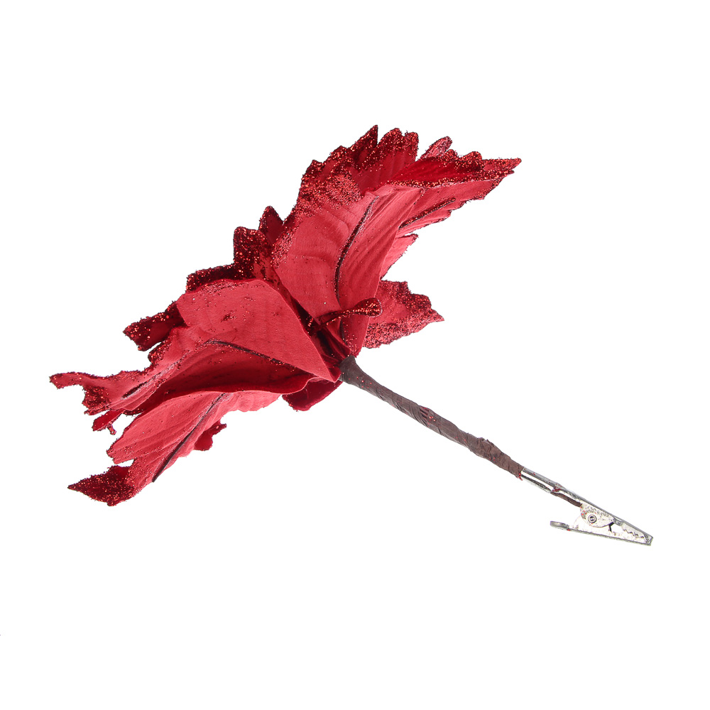 СНОУ БУМ Цветок Пуансеттия на клипсе 25 см, металл, глиттер, полиэстер, красный - #4