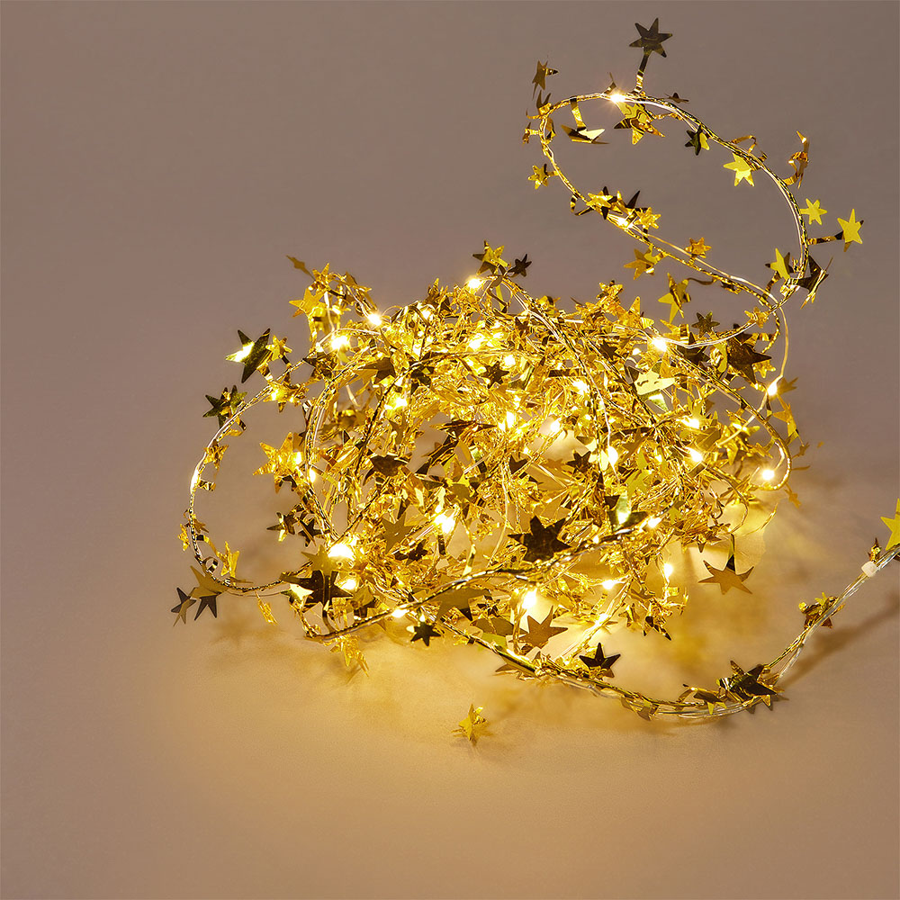 СНОУ БУМ Гирлянда эл. нить росы медь "Золотые звезды", 5м, 50LED, шампань, пост.св., 3хАА - #10