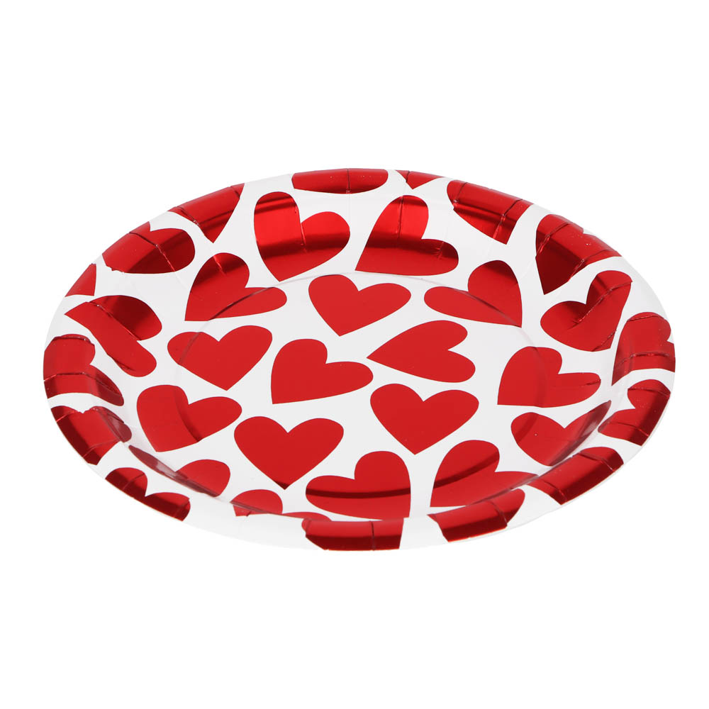 Набор тарелок бумажных, с фольгированным слоем, с сердечками, 2 цвета, красный, розовый, 20 см, 6 шт - #3