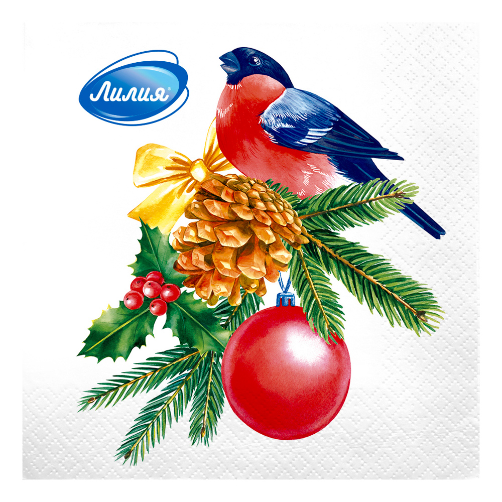 Салфетки бумажные Лилия Ассорти 2 слоя, Елка/Снегирь/Шар, 33х33см, 20л - #3