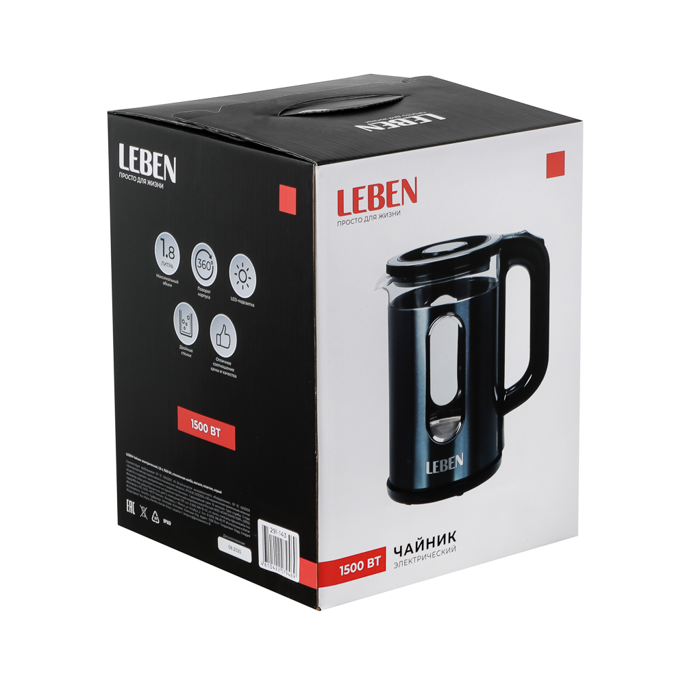 LEBEN Чайник электрический 1,8л, 1500Вт, стеклянная колба, металл, пластик, серый - #2
