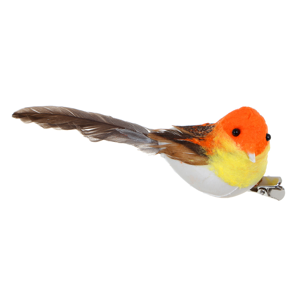РЫЖИЙ Птица на прищепке Оранжевая 9,5см, PE, перо - #2