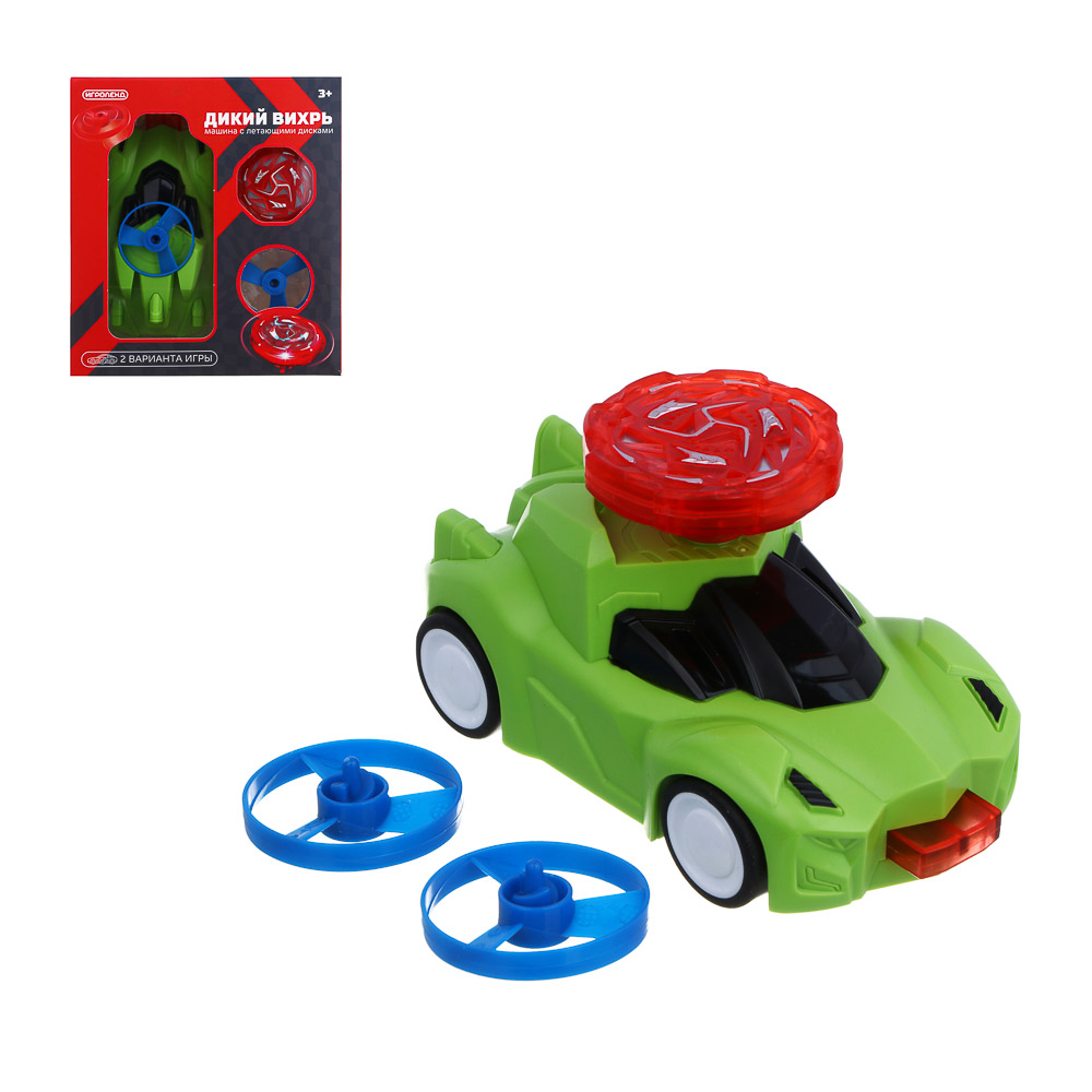 ИГРОЛЕНД Машинка "Дикий вихрь", летающ.диск, светящ.волчок, инерция, 3LR41,ABS,16х14,3х6 см, 4 диз. - #1