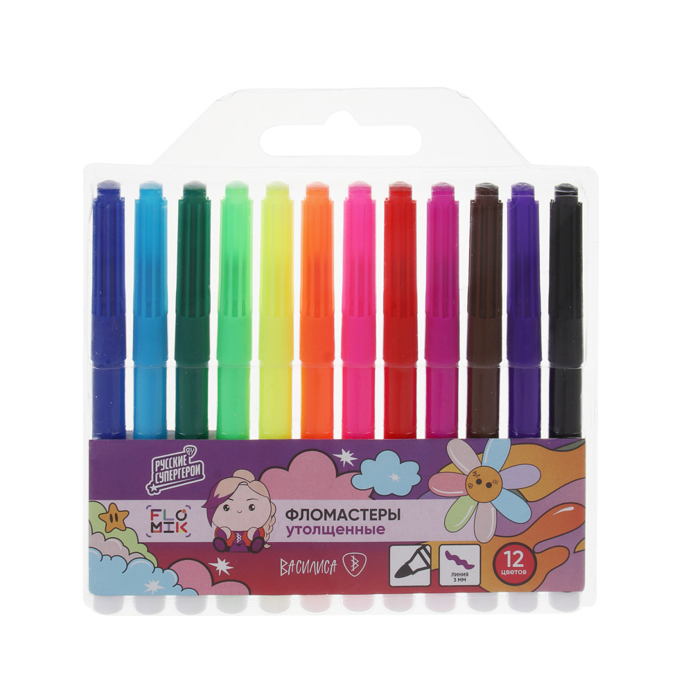 Фломастеры 12цв. FLOMIK утолщенные, 14см, D=1см, наконечник 3мм, ПВХ - пенал - #1