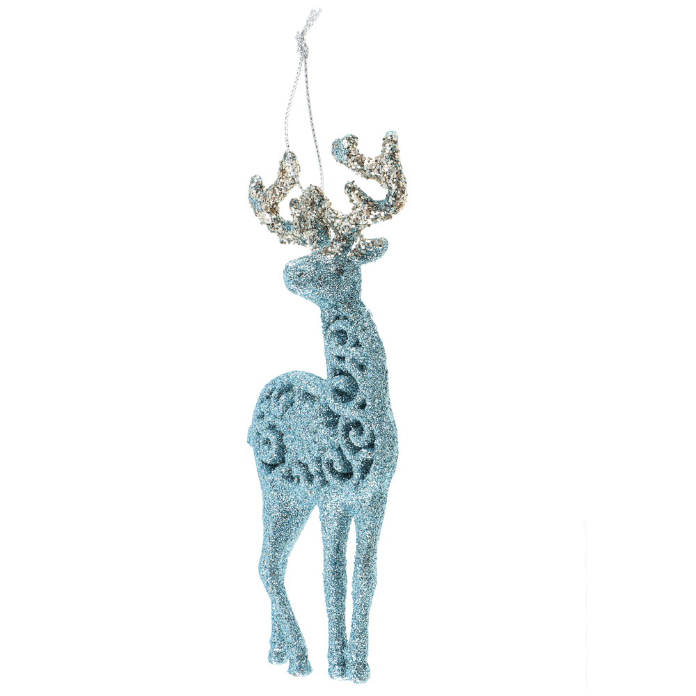 СНОУ БУМ Подвеска декоративная "Олень" 14 см, пластик, глиттер, голубой, 2 дизайна - #6