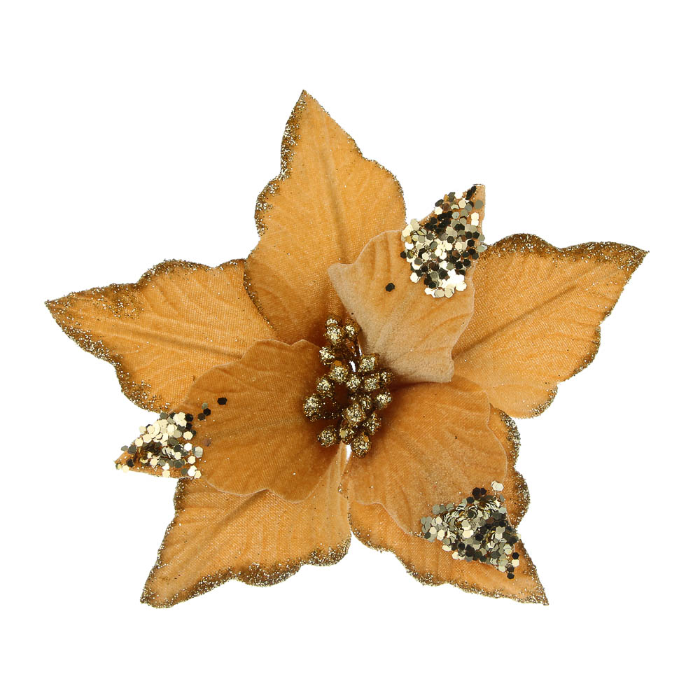 СНОУ БУМ Цветок Пуансеттия на клипсе 25 см, металл, глиттер, полиэстер, шампань - #2