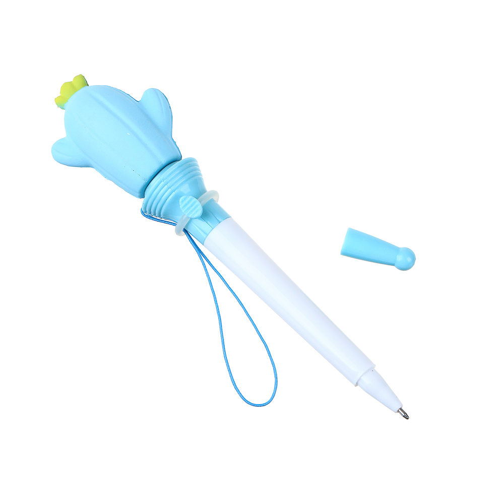 Ручка-антистресс шариковая синяя "Cтреляющий кактус", 17 см, шнурок, 4 цвета отделки, полиэстер, ПП - #3