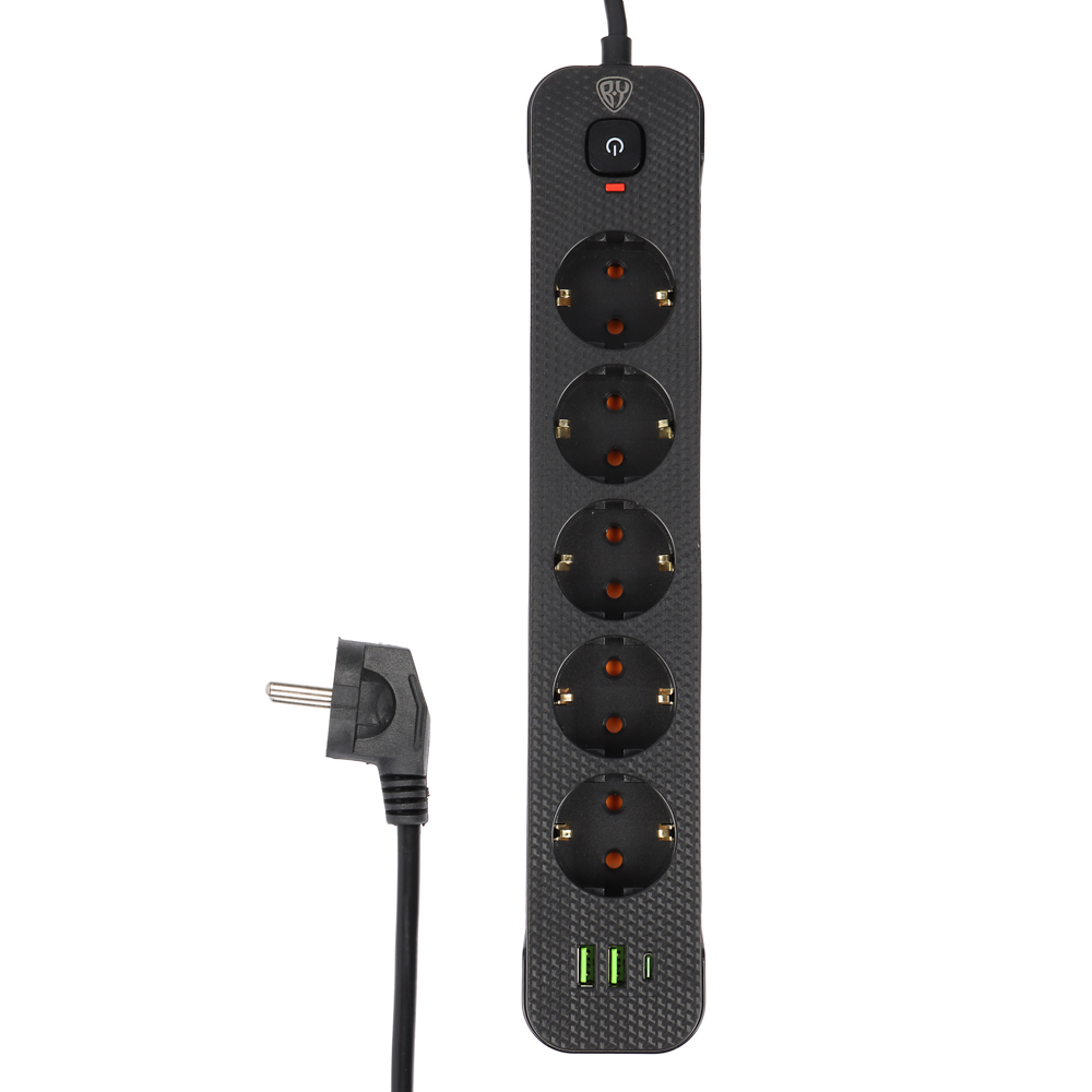 BY Удлинитель 3 м, 5 гнезд с зазем. + 2USB+ 1type C с защитой, с выкл.черн карбон сеч провода 1мм - #1