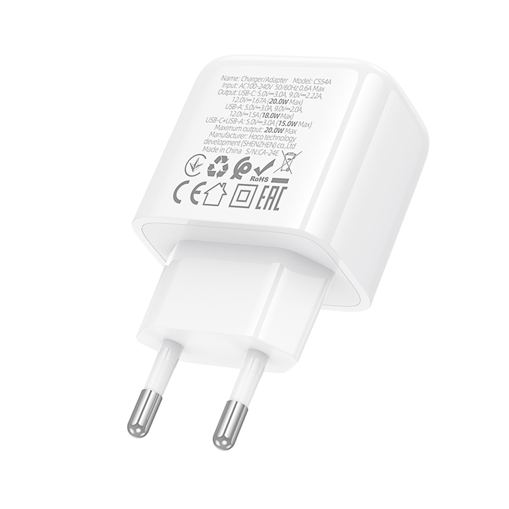 hoco. Зарядное устройство модель CS54A, USB-С PD 20W+QC3.0, цвет: белый - #8