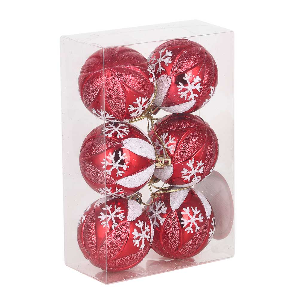 СНОУ БУМ Набор формовых шаров с декором 6шт 6см, красный с белым, пластик - #4