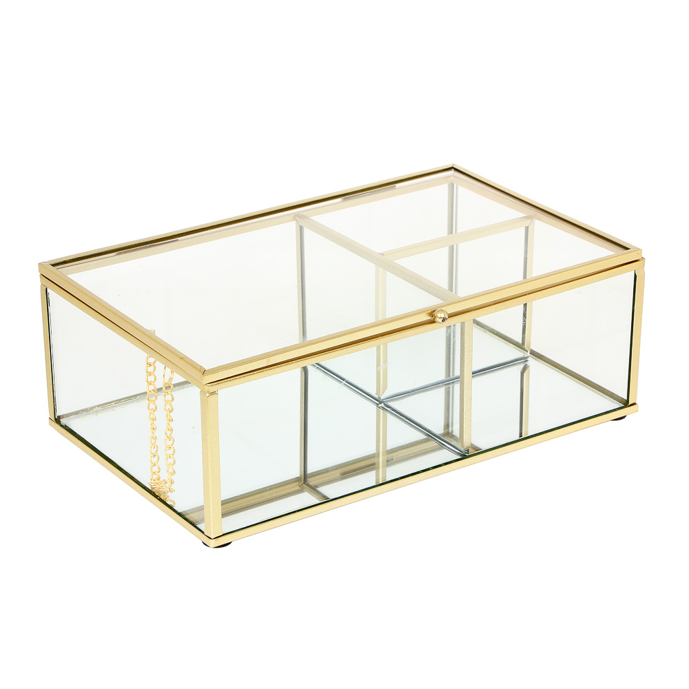 Шкатулка секционная с зеркальным дном 22х13,5х7,5см, стекло, металл - #1