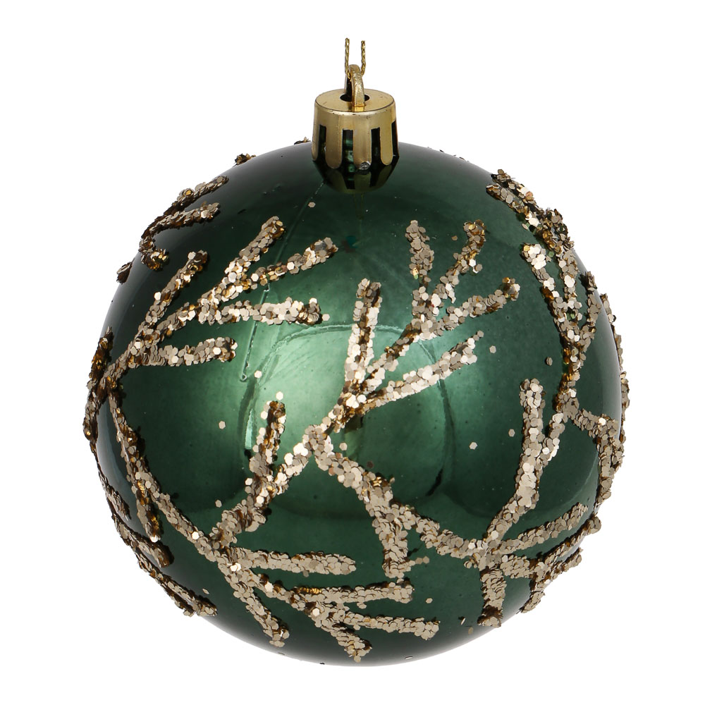 СНОУ БУМ Шар пластик 8 см, изумрудный, с веточками - #2
