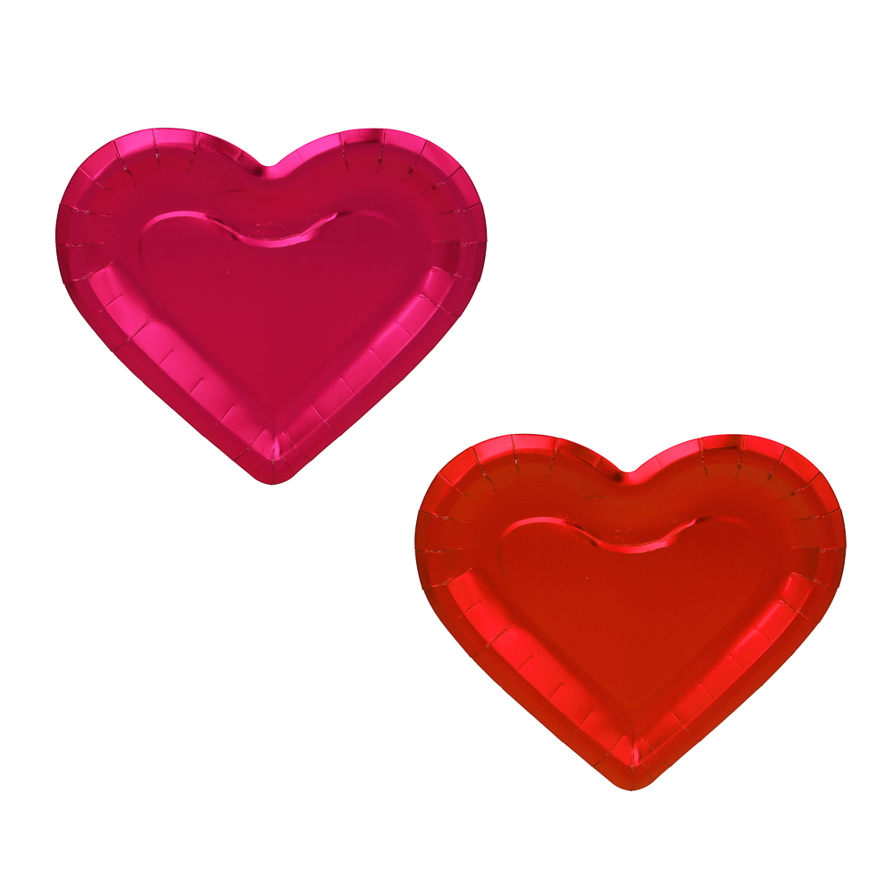 Набор бумажных тарелок с фольгированных в форме сердца, 27x25 см, 2 цвета, красный, розовый, 6 шт - #1