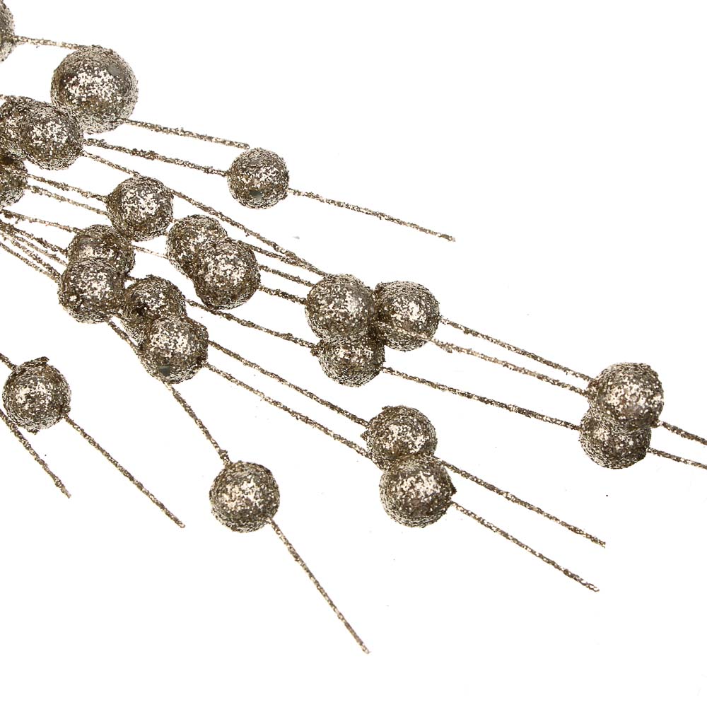 СНОУ БУМ Ветка с бусинами 84 см, металл, пластик, глиттер, 2 цвета, шампань, серебро - #3