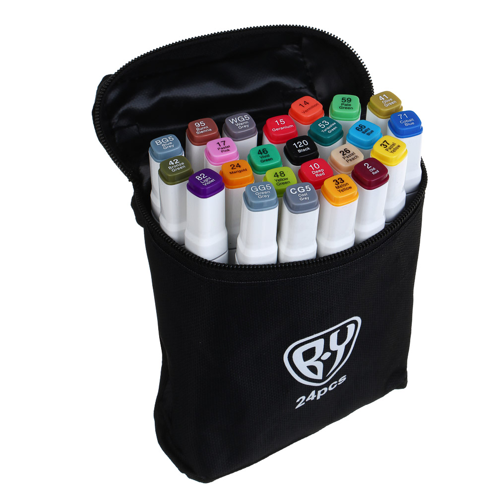 BY Набор маркеров для скетчинга, 24 цвета, 2-сторонний, кисточка/круглый, чехол - #1