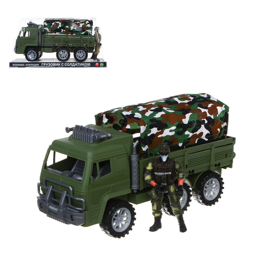 ИГРОЛЕНД Грузовик с солдатиком "Военная операция", инерция, РР, хлопок, 28х11х15 см - #1
