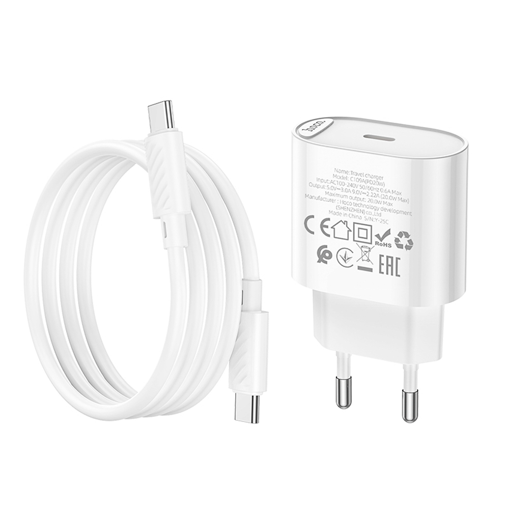 hoco. Комплект зарядное устройство с кабелем модель C109A, USB-С 20W PD, каб C-C 1м, цвет: белый - #7