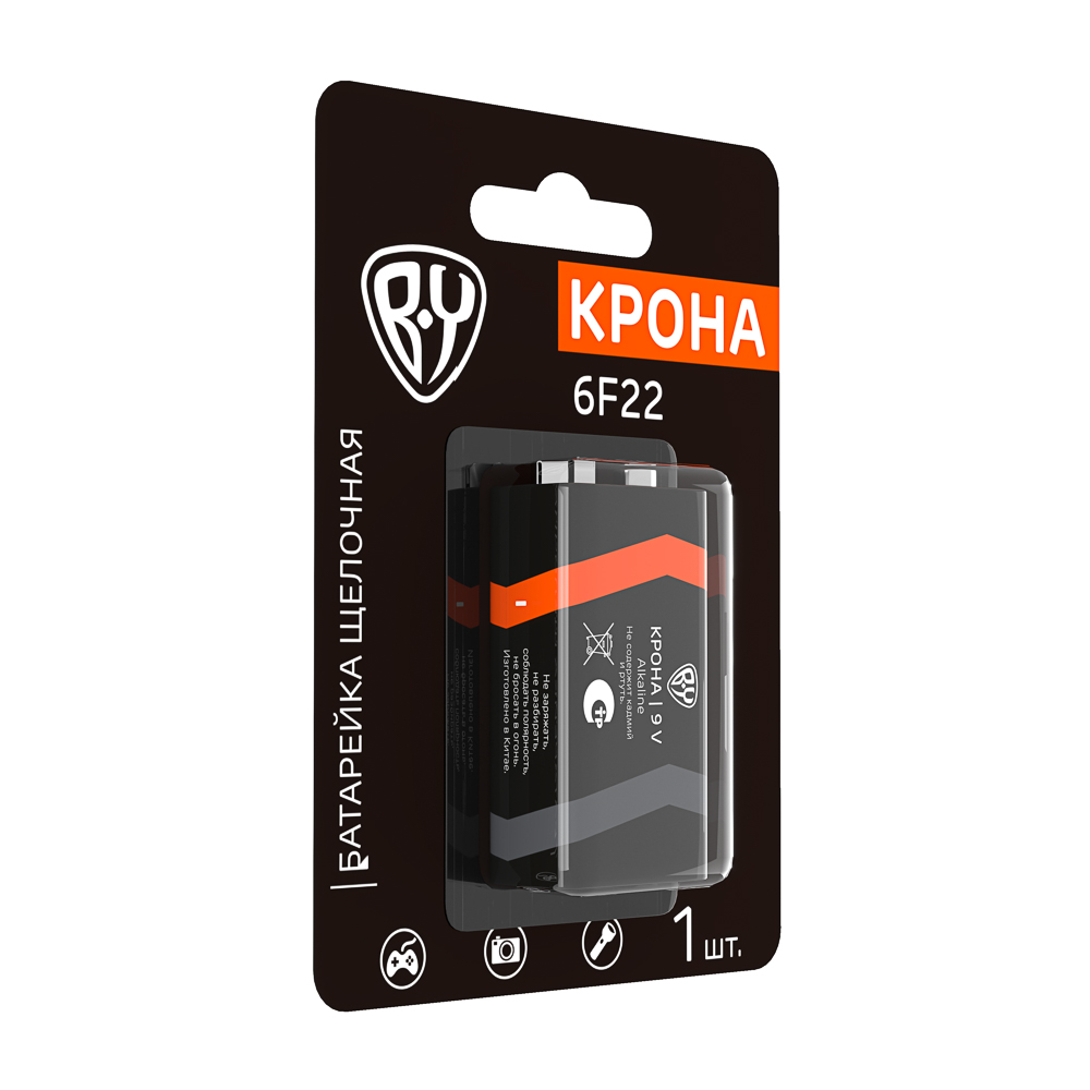 BY Батарейка КРОНА (6LF22, 6LR61) 1шт в блистере, щелочная 9V - #1