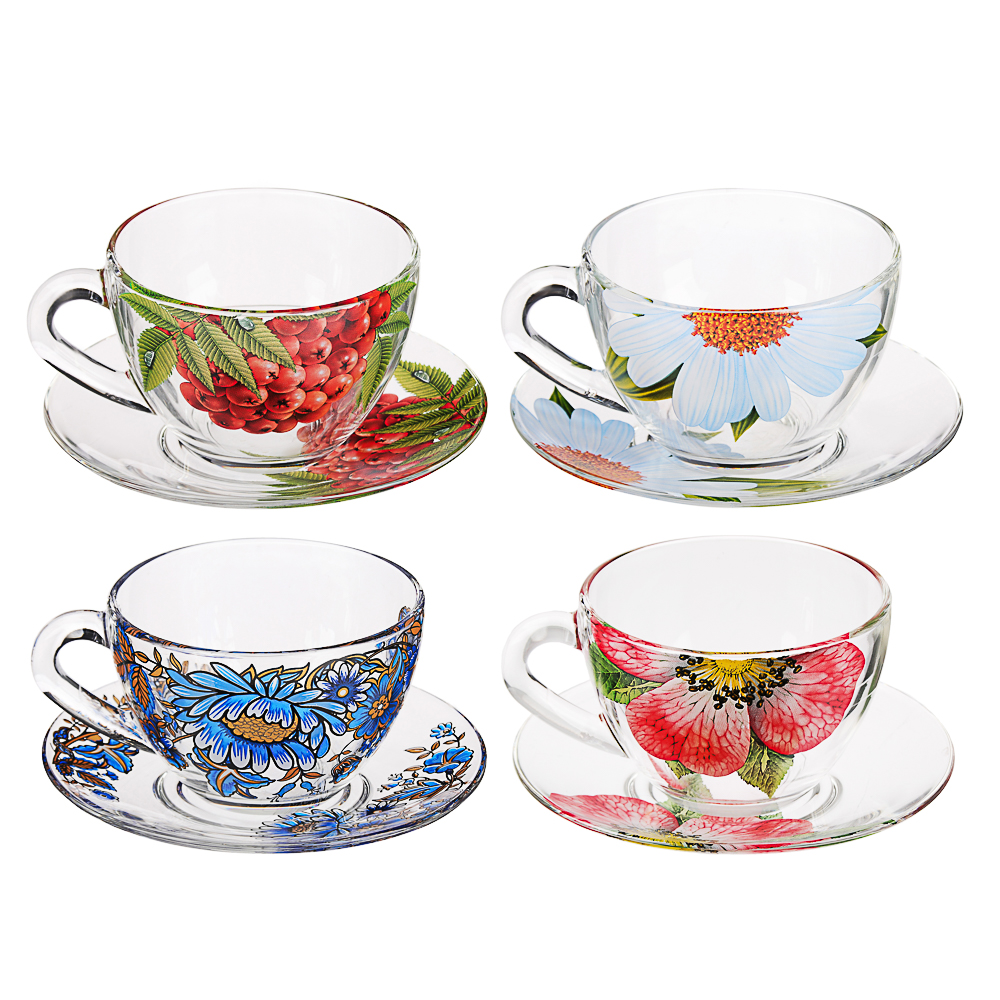 Чайная пара с декором (чашка + блюдце), стекло, в подарочной уп. - #1