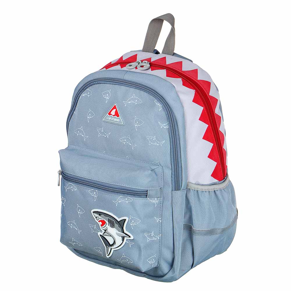 Рюкзак подростковый 39x30x19,5см, 2 отд., 3 карм., аппликация, принт в форме зубов акулы, ПЭ, серый - #2