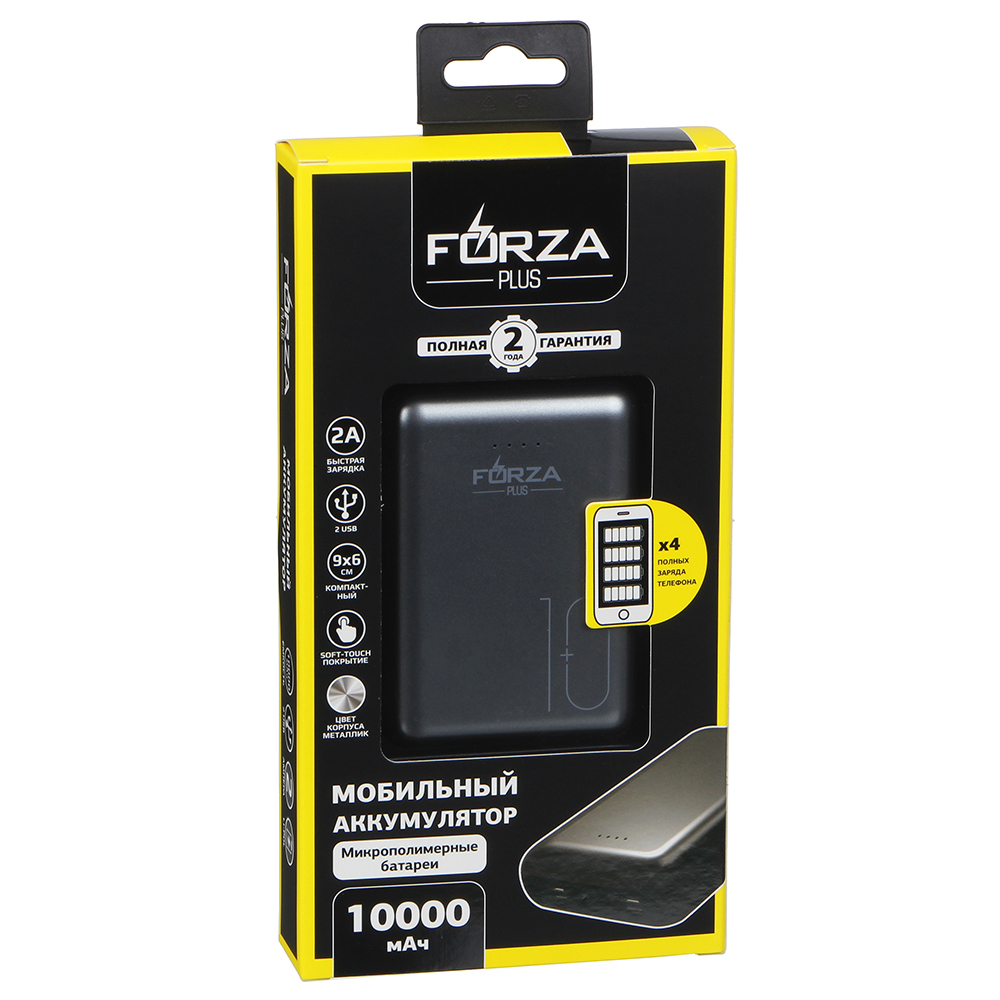 FORZA Аккумулятор мобильный, 10000 мАч, 2xUSB, 2А, Металик - #1