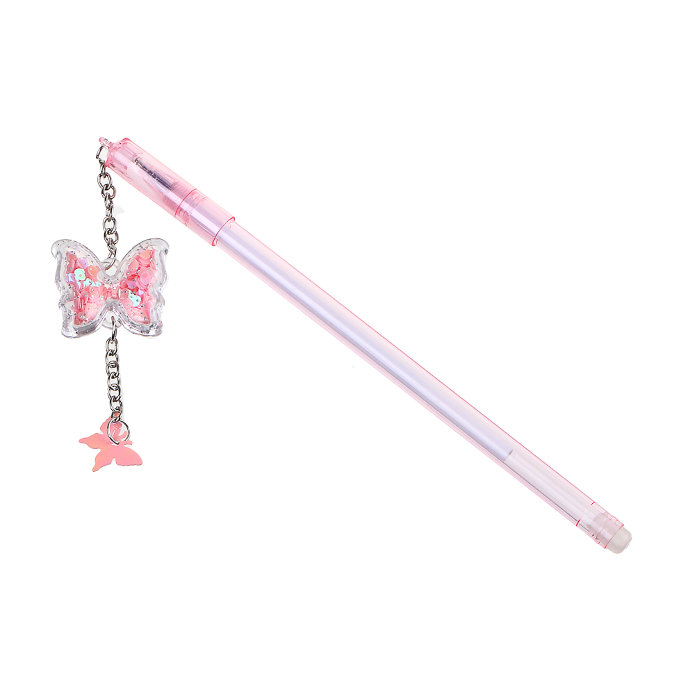 Ручка гелевая с подвеской в форме бабочки, (внутри блестки), 16см, 4 цв корпуса, пластик, металл - #2