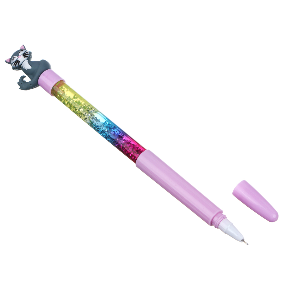 Ручка шариковая синяя, наконечник в форме котика, корпус с блестками, 20,7 см, 4 дизайна, пластик - #3