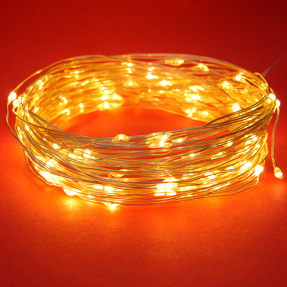 СНОУ БУМ Гирлянда эл. нить росы, 10м, 100LED, шампань, 8 режимов, провол. серебр. цвет, 3хАА - #13