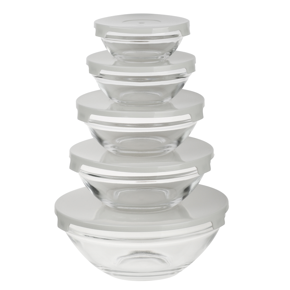 MILLIMI Набор салатников с крышкой 5 шт: 900/ 500/350/200/130 мл, стекло, пластик,  серый - #1