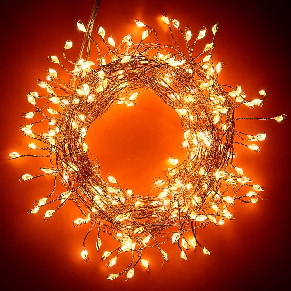 СНОУ БУМ Гирлянда эл. нить росы мишура 10м, 280LED, шампань, пост.свеч., мед.провол., мед.цвет, 220В - #1