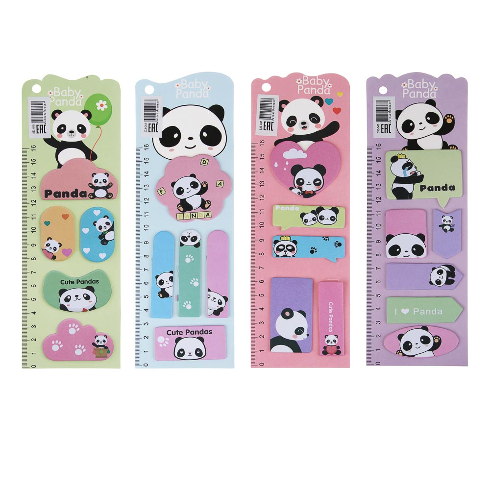 Закладки с клеевым краем фигурные, линейка 16см, 6,7х21,5см, 15 листов, 4 дизайна, Панда - #1