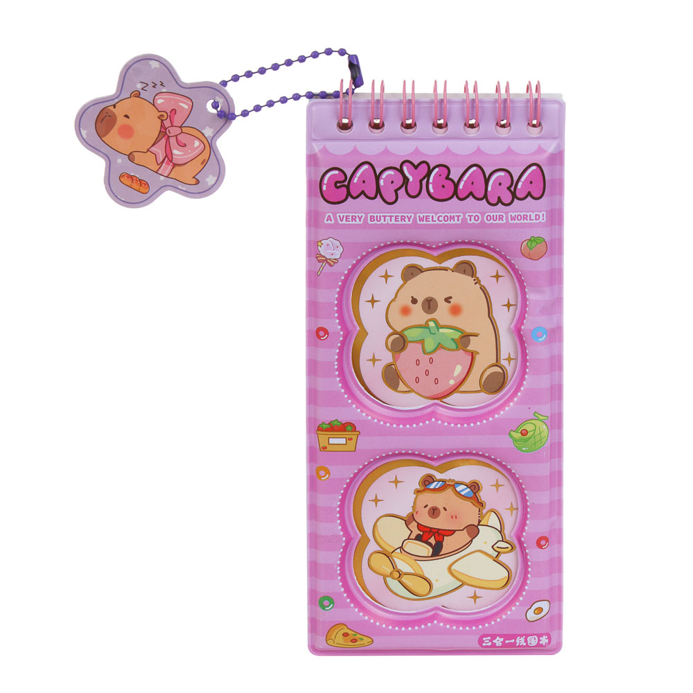 Записная книжка "Капибара" 7х26см, с наклейками и брелоком, PET, бумага, 4 дизайна, шоу-бокс - #2