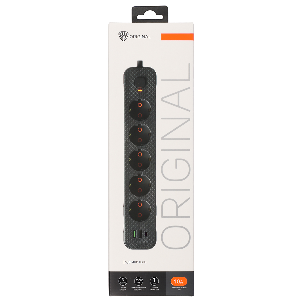 BY Удлинитель 3 м, 5 гнезд с зазем. + 2USB+ 1type C с защитой, с выкл.черн карбон сеч провода 1мм - #2