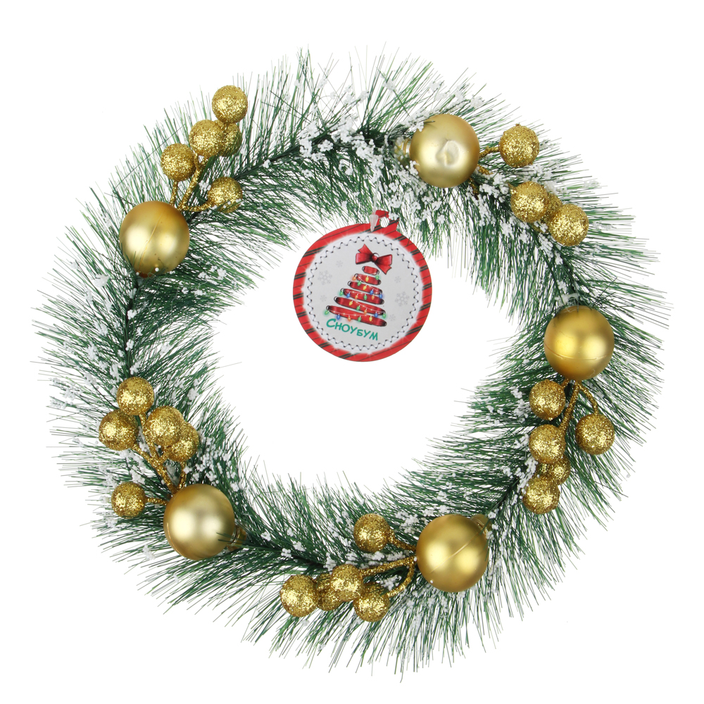 СНОУ БУМ Венок рождественский заснеженный с декором и ягодами, 25см, ПВХ, дерево, золотой декор - #4