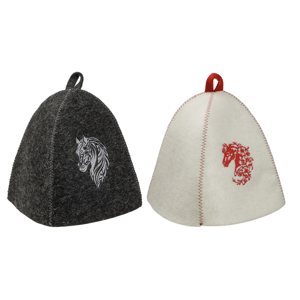 Шапка банная с вышивкой КОНЬ, войлок белый/серый - #1
