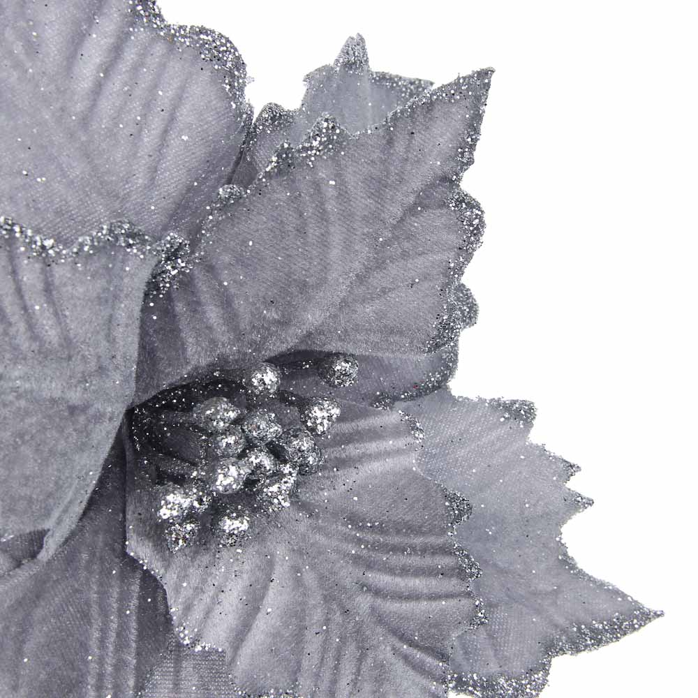 СНОУ БУМ Цветок Пуансеттия на клипсе 25 см, металл, полиэстер, глиттер, серебро - #3